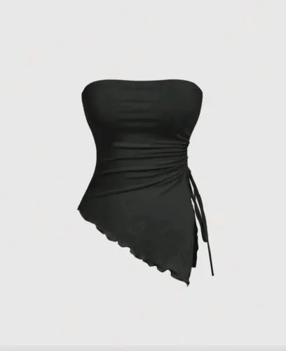 Top Tubular Preto Assimétrico Ajustado com Fenda - Moda Verão