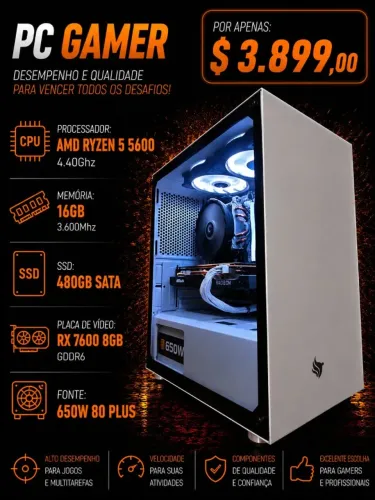 PC Gamer Ryzen 5 5600 4.4Ghz / Mem 16Gb / SSD 480Gb / RX 7600 8Gb (aceito cartão)