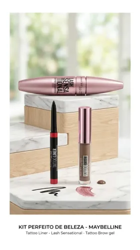 kit maquiagem Maybelline: delineador, máscara para cílios e gel para sobrancelha 