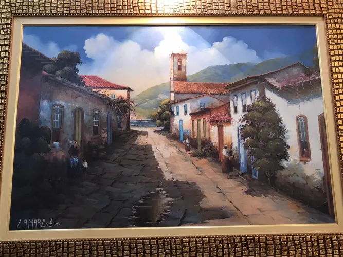 Quadro pintura Paraty ( não é gravura ) C/ moldura dourada trabalhada ,1,08 x 0,80.