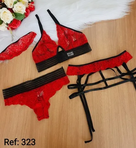 Cj. lingerie calcinha sutiã de renda com cinta liga e venda para os olhos também de renda 