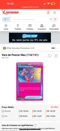 Carta Pokemon Vara de Pescar Max 116/131 - Evoluções Prismáticas