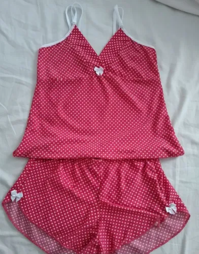 Pijama femenino poá rosa e branco curto lingerie babydool