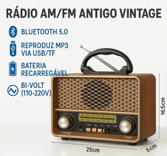 Radio retro completo am FM recarregável Bluetooth pendreve lanterna tomada 