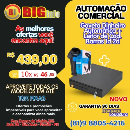 Gaveta Dinheiro Abertura Automática E Manual + Leitor de Cod de Barras 1d 2d - Em ate 10x