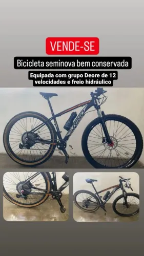 Bicicleta aro 29, grupo Shimano Deore de 12 velocidades e freio hidráulico