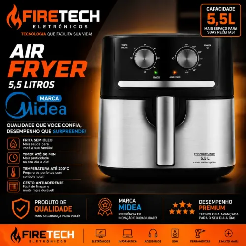 Air Fryer Midea 5,5 Litros Inox Nova Nota Fiscal