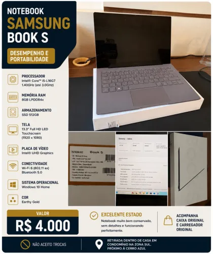 Notebook Samsung Galaxy Book S - ultrafino, touchscreen, 512 GB SSD