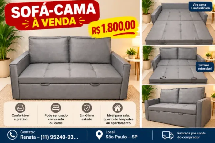 Sofá cama cinza usado 3 vezes