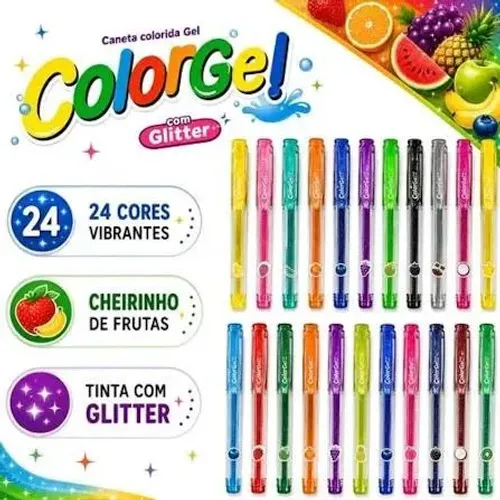 Kit 24 Canetas Em Gel ColorGel Com Glitter Cores Lindas Brilho - Novo