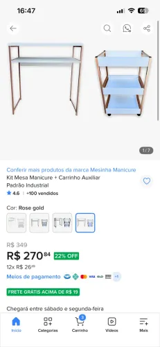 Mesa de manicure e carrinho auxiliar