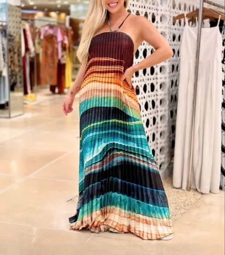 Vestido plissado farm estampado turmalina multicolorido - P