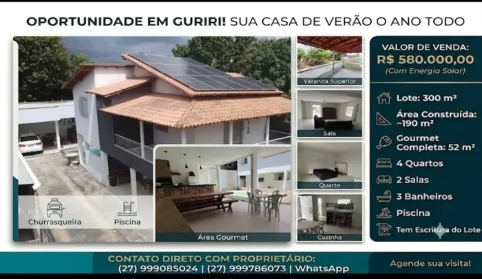 Lindo Duplex na Ilha de Guriri com 4 quartos, área Gourmet, Piscina e Energia Solar
