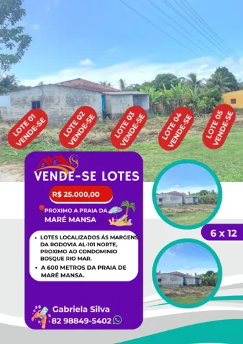 Vende-se Lotes 6x12 por R$ 25.000,00 próximo a praia da Maré Mansa/ Barra de Santo Antônio