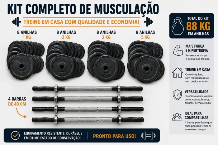 Kit Completo de Musculação - 88 kg em Anilhas + 4 Barras<br><br>Monte sua academia em casa