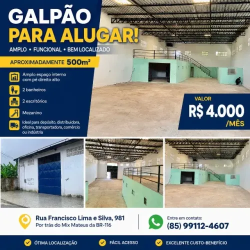 GALPÃO COM 500 M² PARA ALUGAR EM FORTALEZA