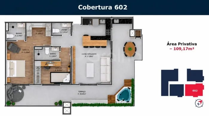 Cobertura de 109 m² com 2 suítes em Coqueiros
