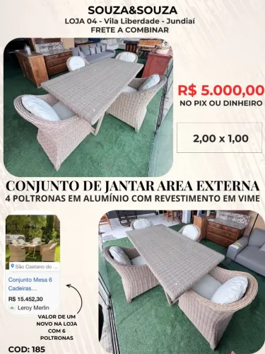 Conjunto de Jantar Área Externa 4 Poltronas em Alumínio com Revestimento em Vime