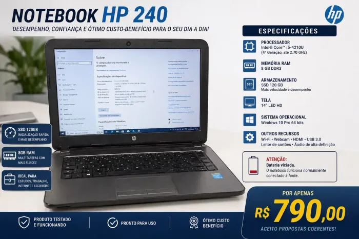 Notebook HP 240 - Intel Core i5 | 8GB RAM | SSD 120GB | Windows 10 Pro