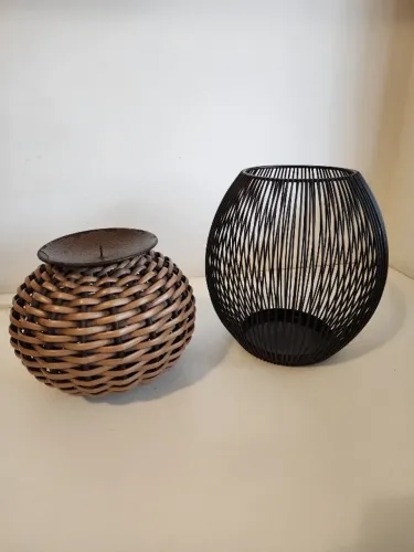 Porta-Velas Decorativos 02 Peças - Lanterna Metálica e Rústico Rattan