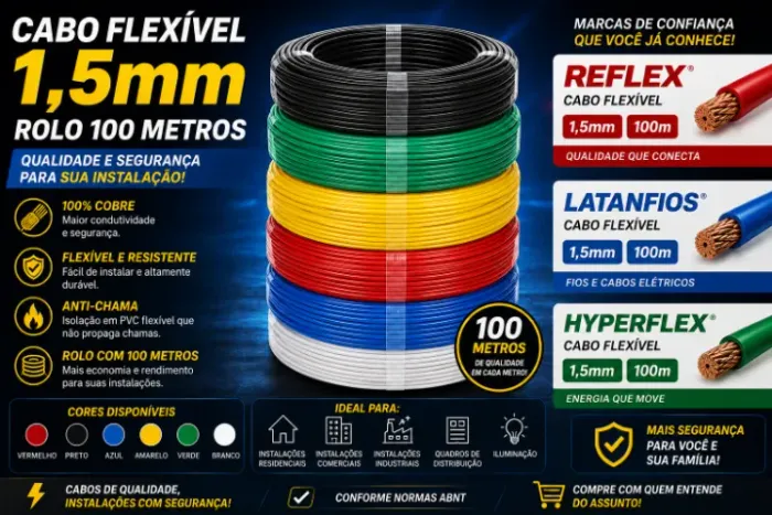 Cabos flexíveis de 1,5 mm rolo 100 metros das marcas que estão na imagens ( produto novo )