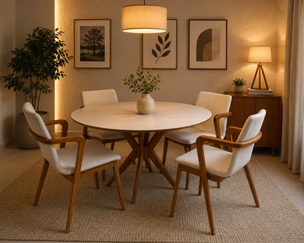 Mesa de jantar redonda 1,10m com 4 cadeiras