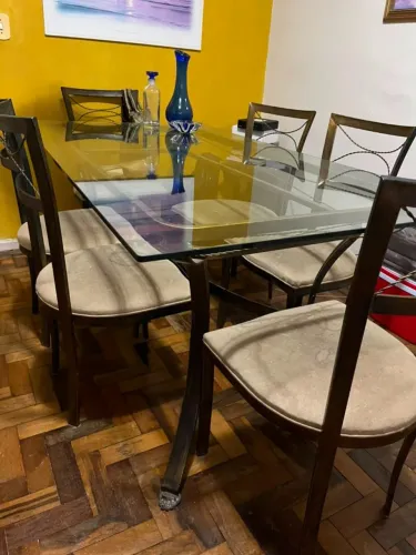 Mesa de jantar 6 cadeiras, em ferro, com tampo de vidro espessura do vidro 1.8cm