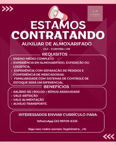 Vaga Auxiliar de Almoxarifado - Hauer / Curitiba-PR