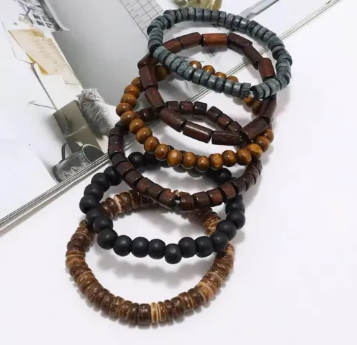 6 pulseiras unissex estilo madeira