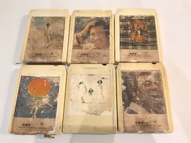Lote 6 Cartuchos Fita 8 Pistas (8-Track) CBS / Ampex - Para Coleção / Restauro (No Estado)