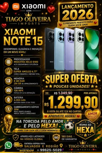 Xiaomi Note 15 - 8gb ram 256 gb armaz. Até 12x cartão de crédito