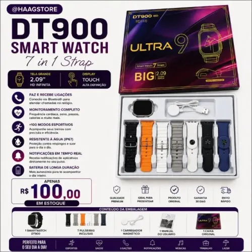 Smartwatch DT900 Ultra 9/7 Pulseiras/Bluetooth Faz Ligações/Tela 2.09/Magnético