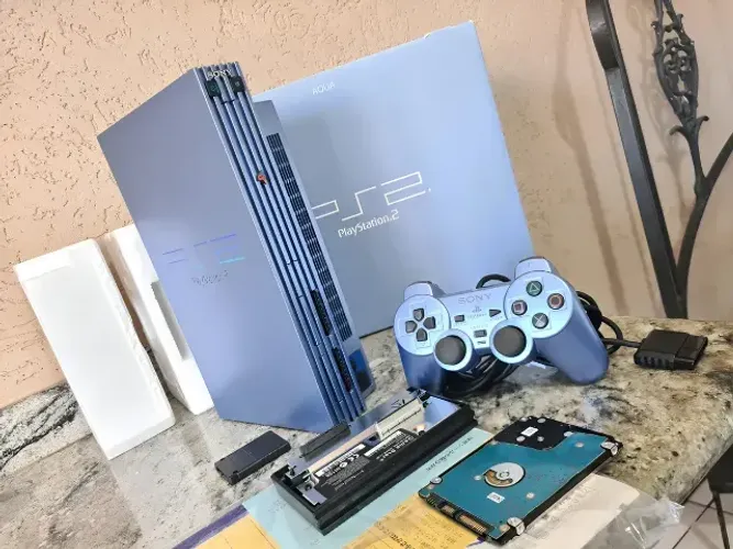 Playstation 2 Fat Aqua Blue Ps2 Azul Na Caixa Com Hd Interno de 500GB