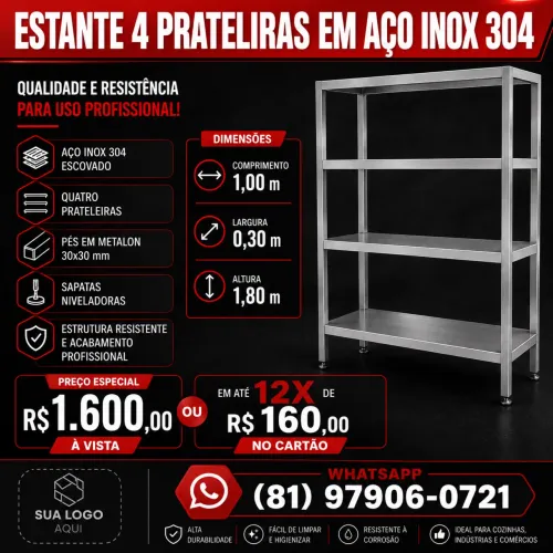 Estante em aço inox 304 4 prateleiras