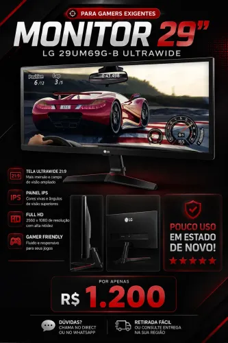 Monitor LG Ultrawide 29? IPS Full HD - 29UM69G-B - Estado de Novo