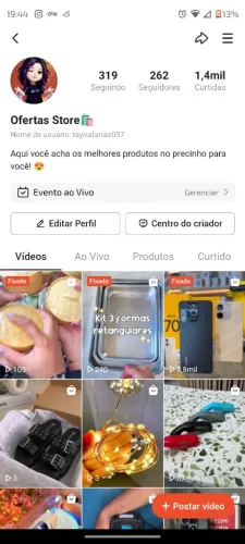 Perfil de vendas de produtos da shopee