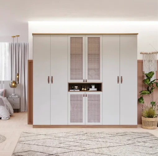 Roupeiro Premium 8 Portas e 6 Gavetas com Detalhes em Palha Sintética - 100% MDF