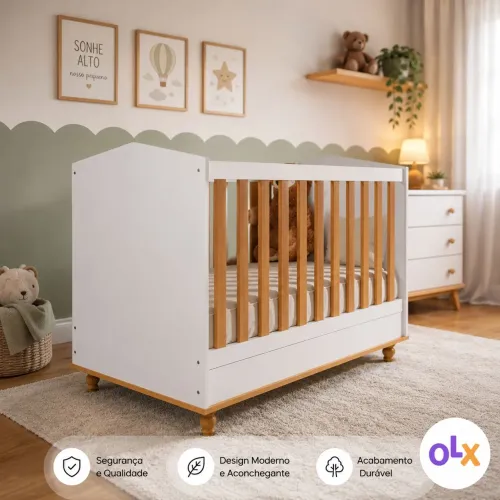 Berço Infantil Retrô Branco e Madeira - Charme e Segurança para o Seu Bebê