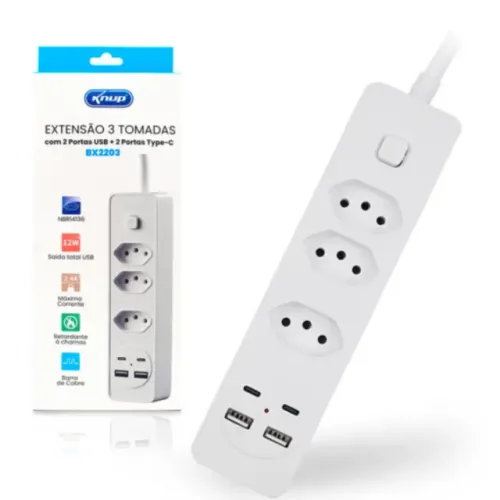 Régua Extensão 3 Tomadas Entrada USB