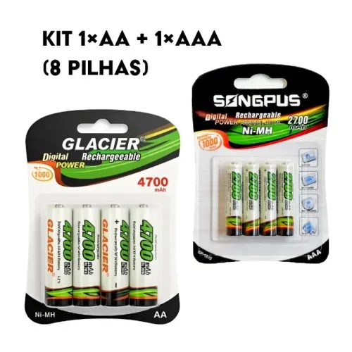 Kit Pilhas Recarregáveis Ni-MH - 1 pack AA + 1 pack AAA (8 pilhas) (pronta entrega)