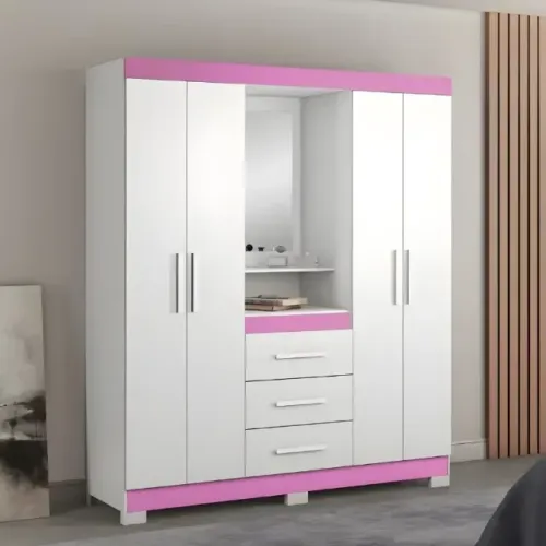 Guarda Roupa Solteiro NT 5015 Branco/Rosa 4 portas 3 Gavetas Notável - Entrega Rápida!