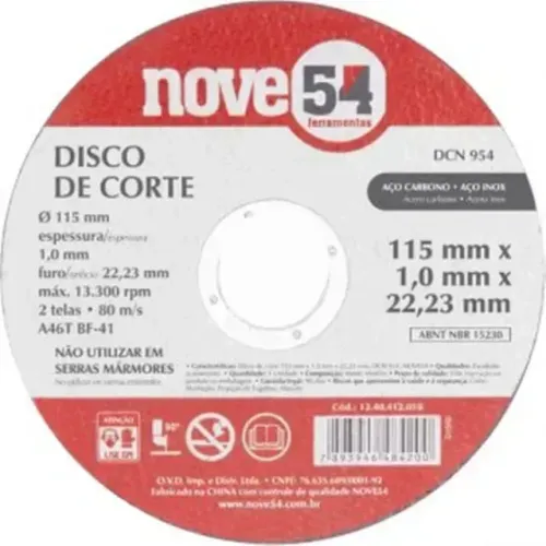 Disco de corte 115 mm x 1,0 mm x 22,23 mm, DCN 954, Nove54
