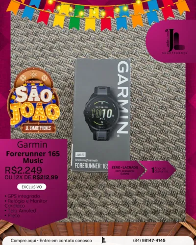 RELÓGIO GARMIN FORERUNNER 165 MUSIC, PRETO, LACRADO, EXCLUSIVO!