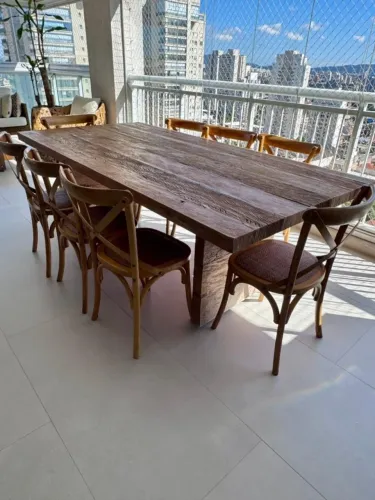 Mesa de jantar madeira de demolicação + 8 cadeiras Paris carvalho americano
