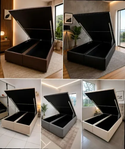 Cama box completa Baú Queen 1.58x1.98 Bipartido Blindado com Pistão a Gás