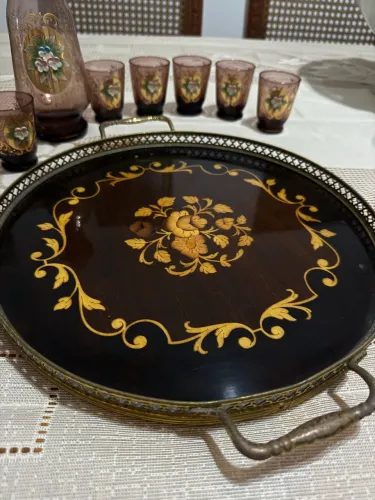 Conjunto Licoreiro Cristal com Ouro + Bandeja Italiana Marchetada Isola di Capri