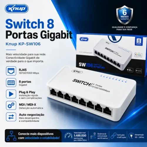 Switch 8 Portas Gigabit RJ45 10/100/1000 Knup KP-SW106