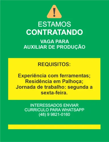 Vaga Emprego - Auxiliar de Produção com experiencia com ferramentas