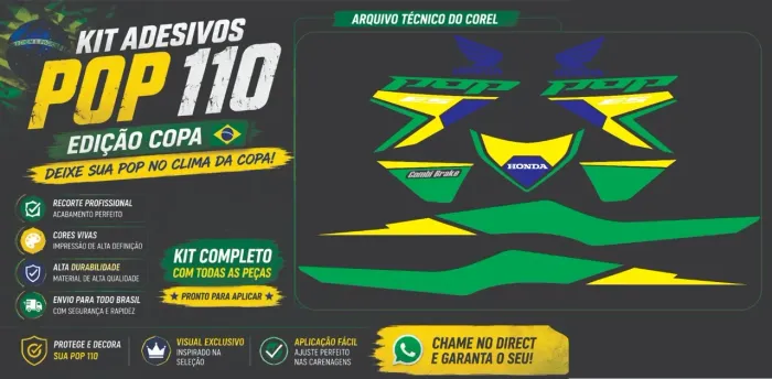 Kit de faixas/adesivos Edição Copa Pop 110i - Cor moto Preto/Branco/Vermelho