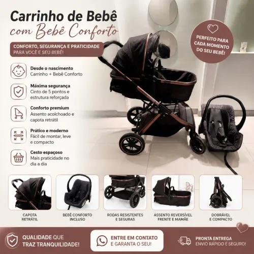 Carrinho de bebê em estado de novo inclui o bebê conforto